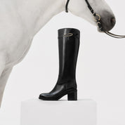 Dark Brown Leather Oval Buckle Block Heel Riding Boots