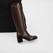 Dark Brown Leather Oval Buckle Block Heel Riding Boots