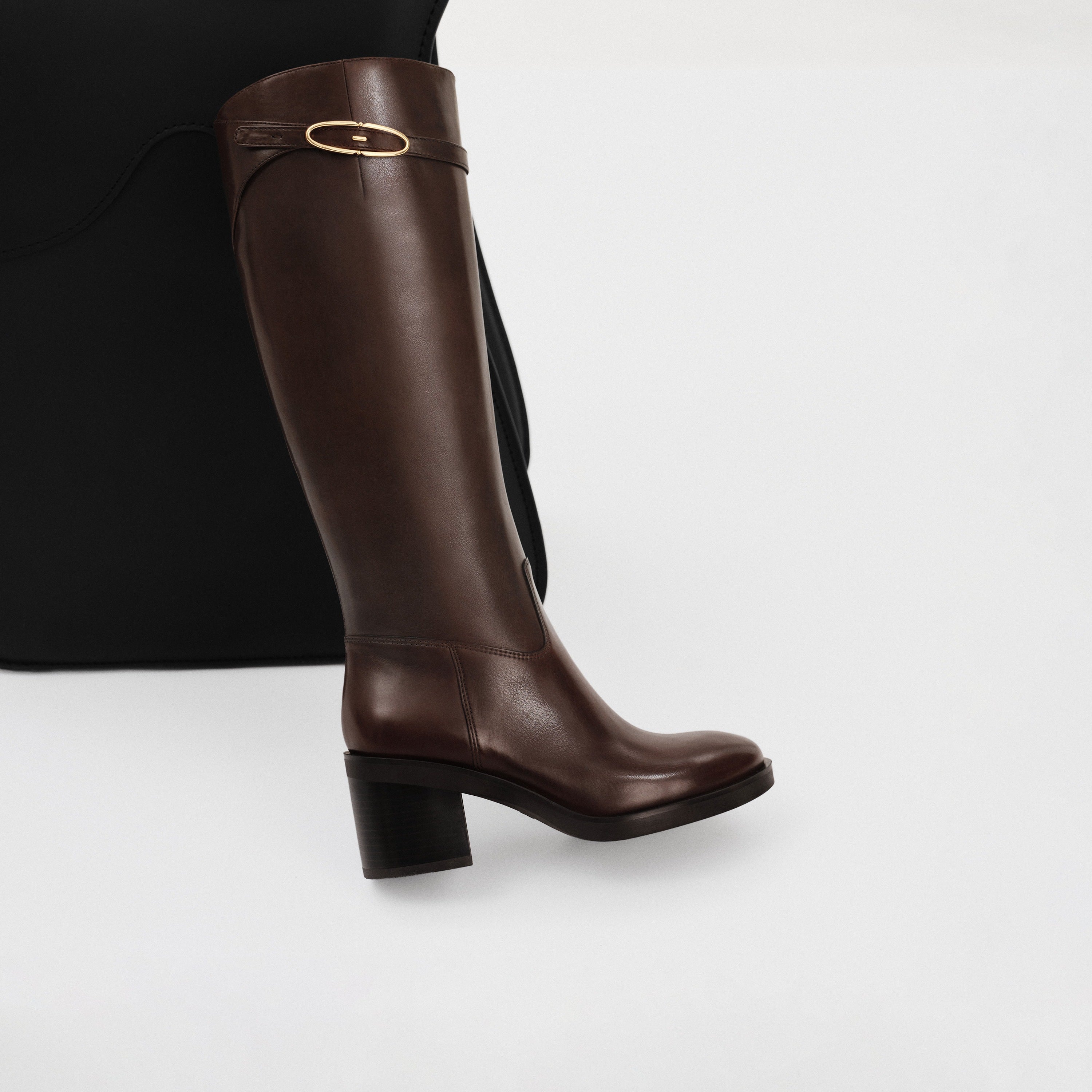 Dark Brown Leather Oval Buckle Block Heel Riding Boots