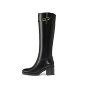 Black Leather Oval Buckle Block Heel Riding Boots