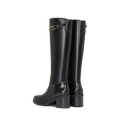 Black Leather Oval Buckle Block Heel Riding Boots