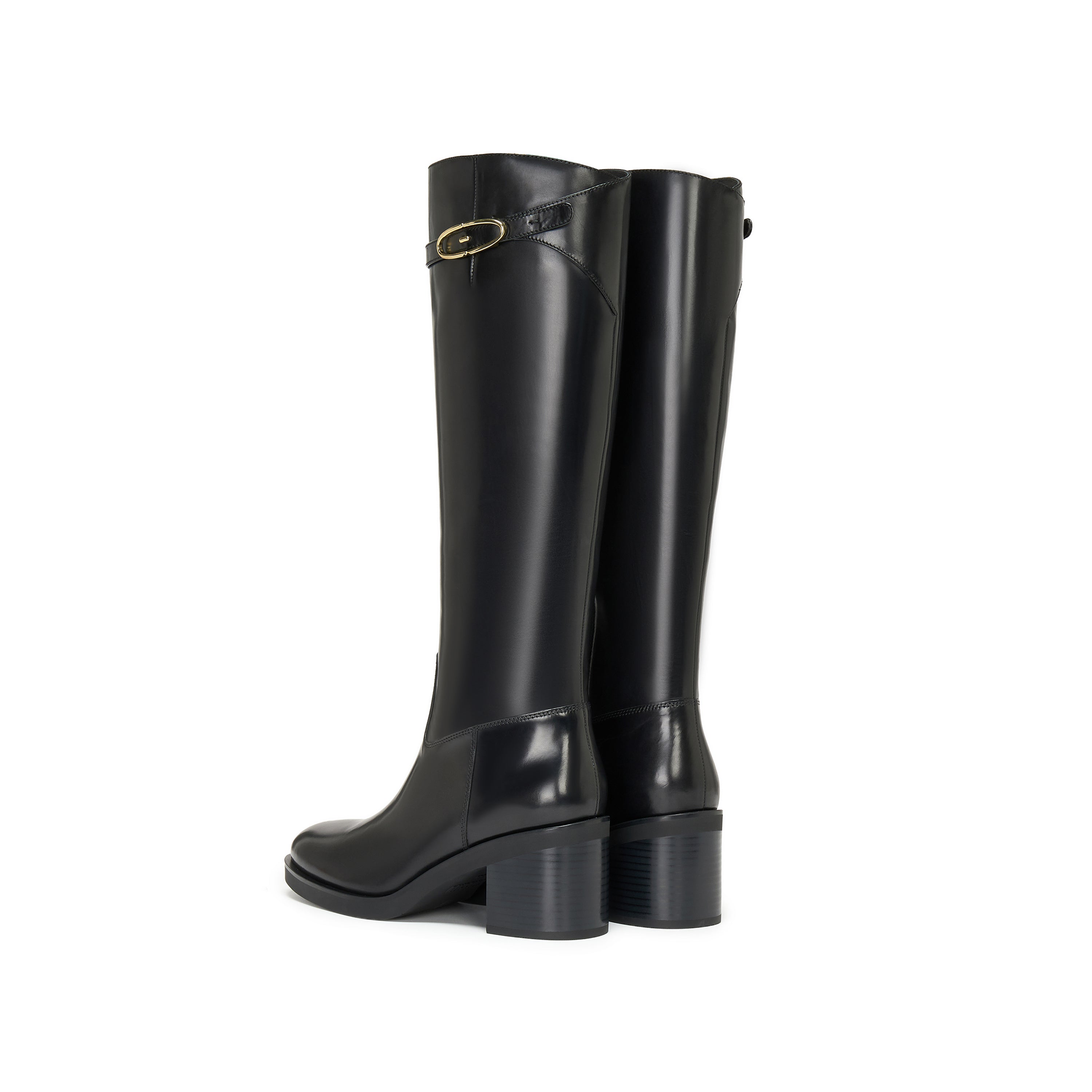 Black Leather Oval Buckle Block Heel Riding Boots