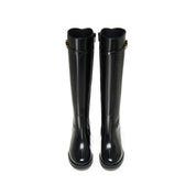 Black Leather Oval Buckle Block Heel Riding Boots