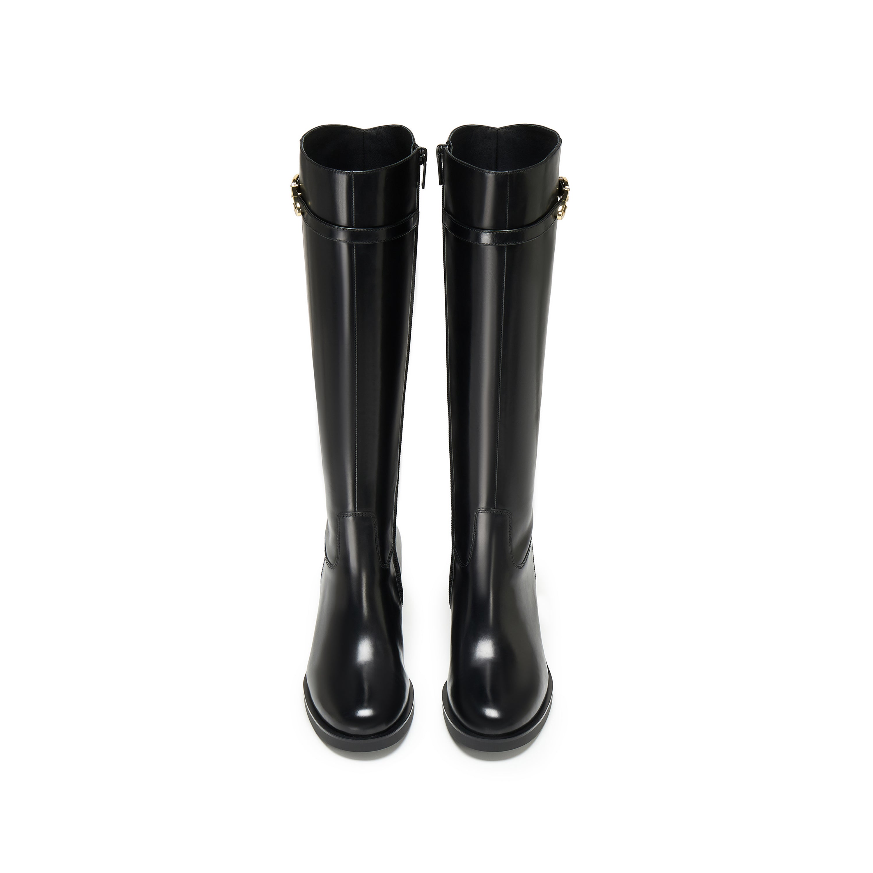 Black Leather Oval Buckle Block Heel Riding Boots