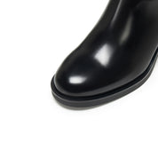 Black Leather Oval Buckle Block Heel Riding Boots