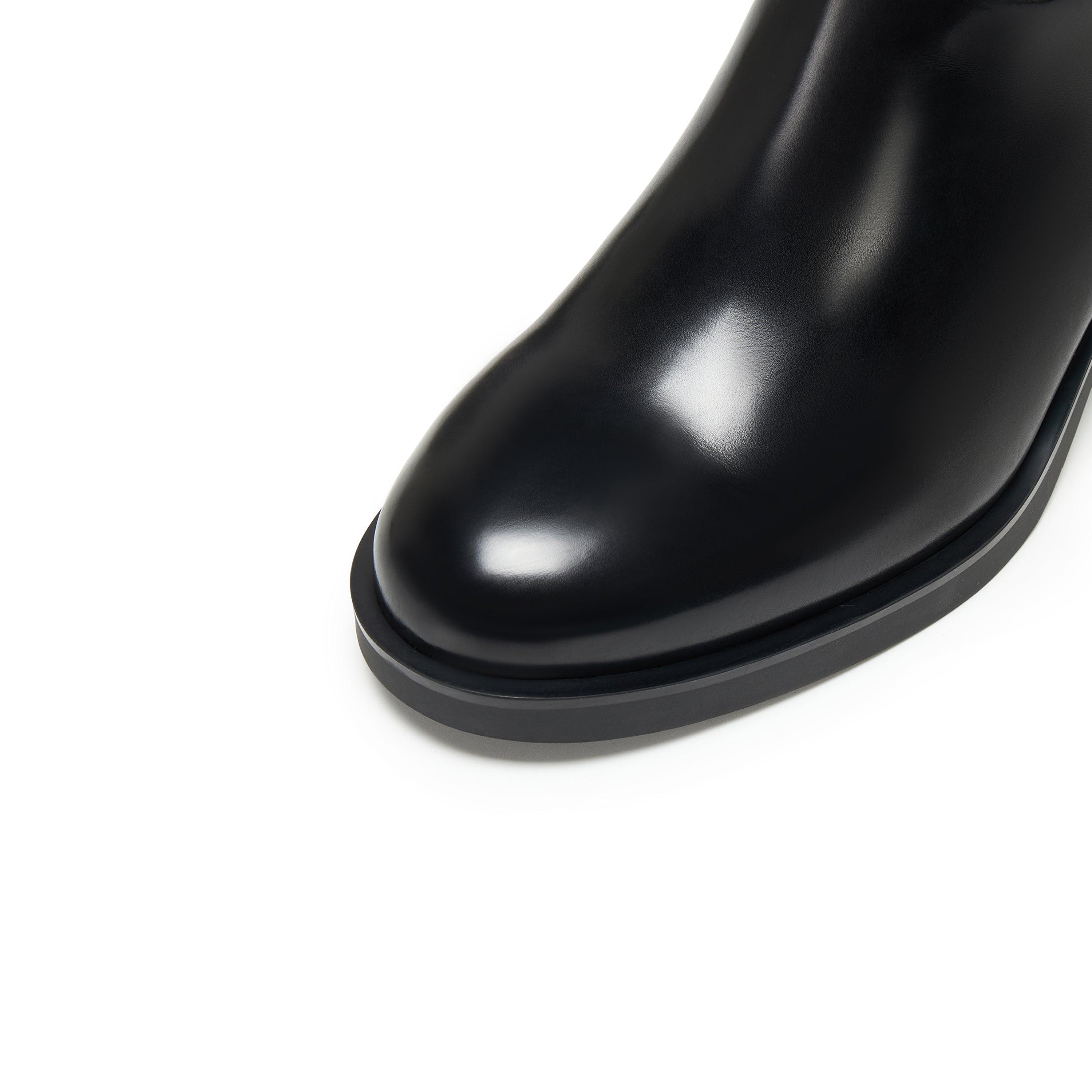 Black Leather Oval Buckle Block Heel Riding Boots