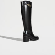 Black Leather Oval Buckle Block Heel Riding Boots
