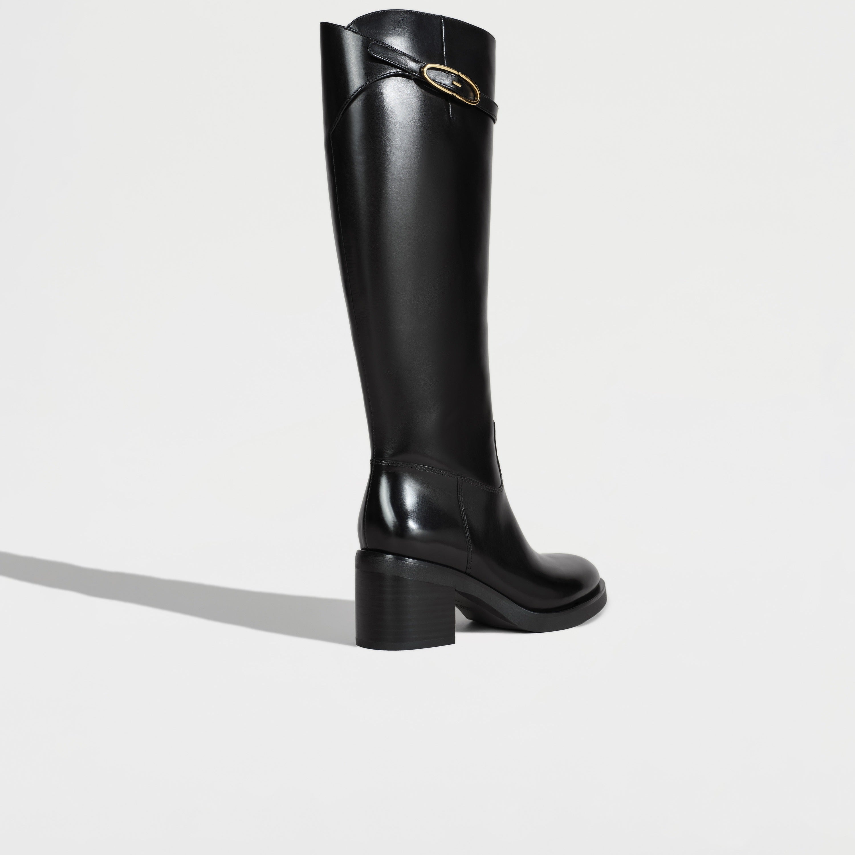 Black Leather Oval Buckle Block Heel Riding Boots