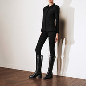 Black Leather Oval Buckle Block Heel Riding Boots