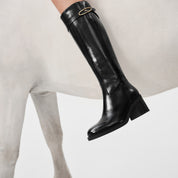 Black Leather Oval Buckle Block Heel Riding Boots