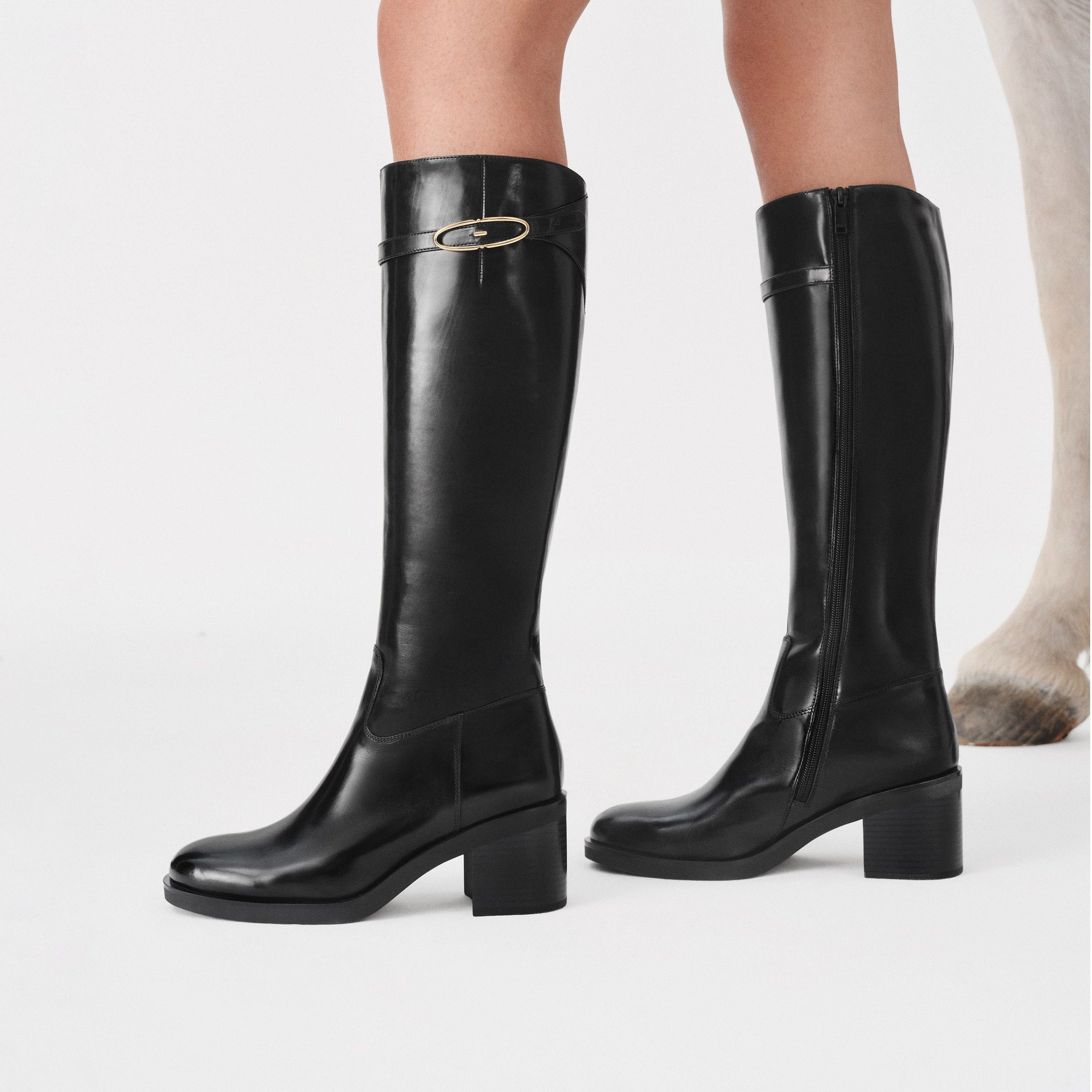 Black Leather Oval Buckle Block Heel Riding Boots