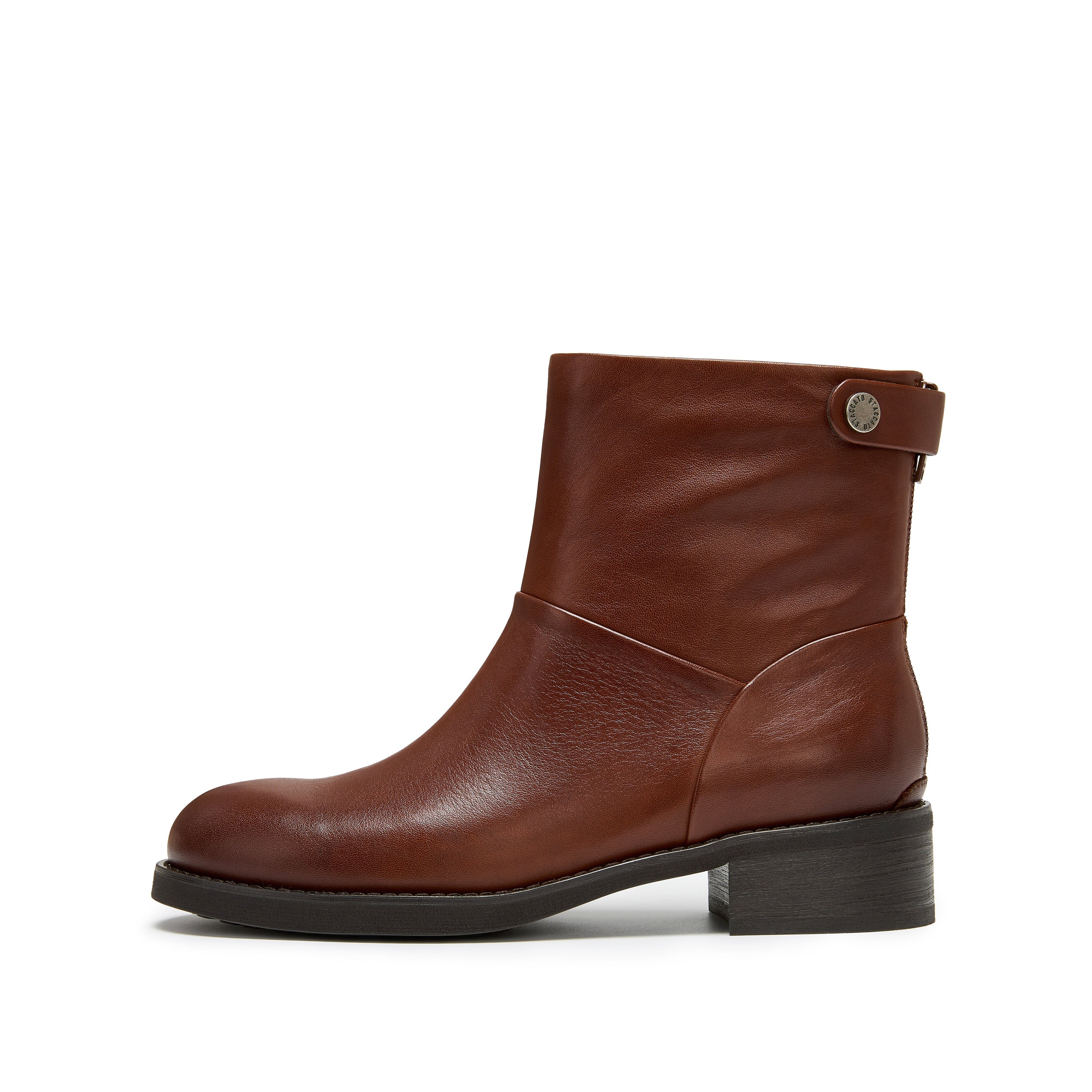 STACCATO Brown Leather Ankle Boots with Logo Metal-Button Back Zip