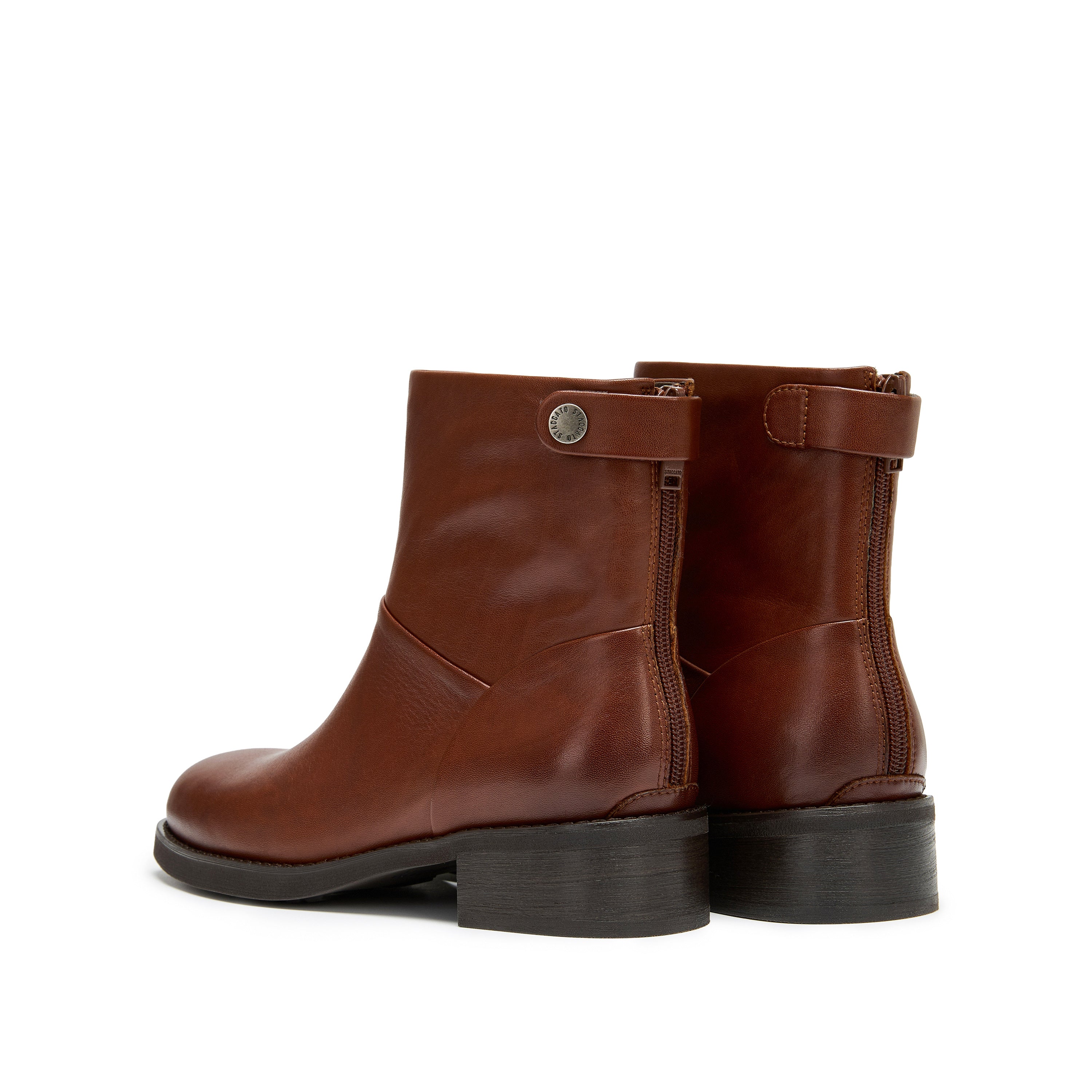 STACCATO Brown Leather Ankle Boots with Logo Metal-Button Back Zip
