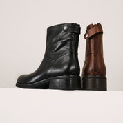 STACCATO Brown Leather Ankle Boots with Logo Metal-Button Back Zip