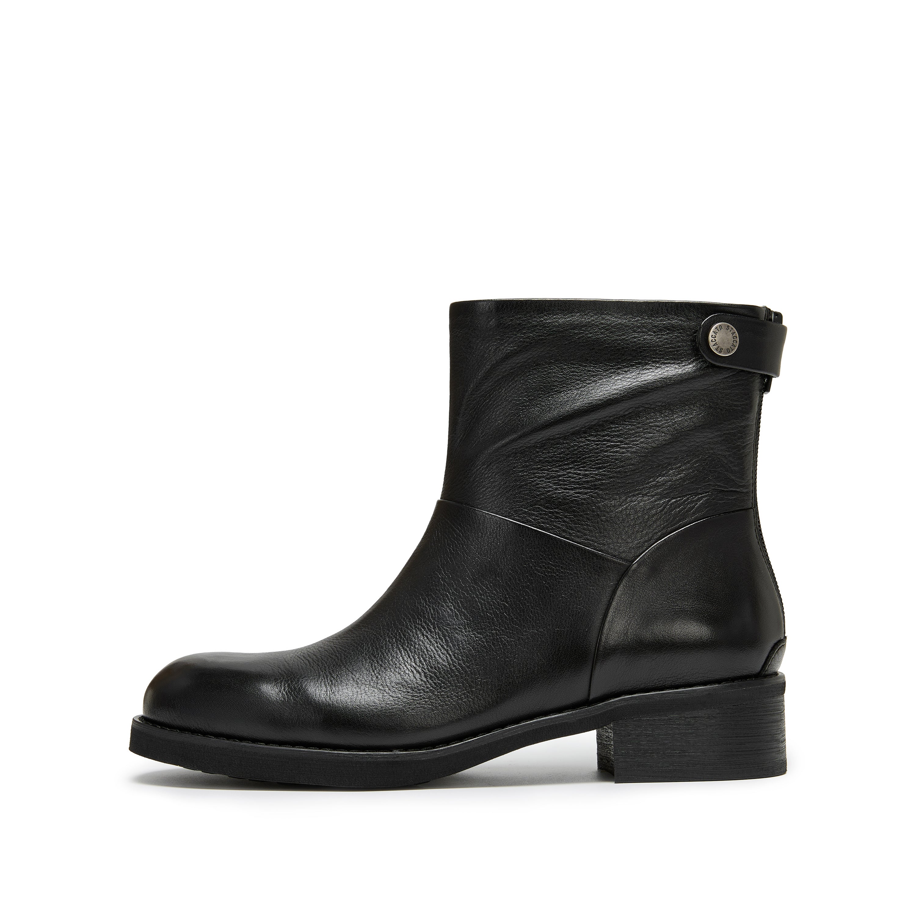 STACCATO Black Leather Ankle Boots with Logo Metal-Button Back Zip