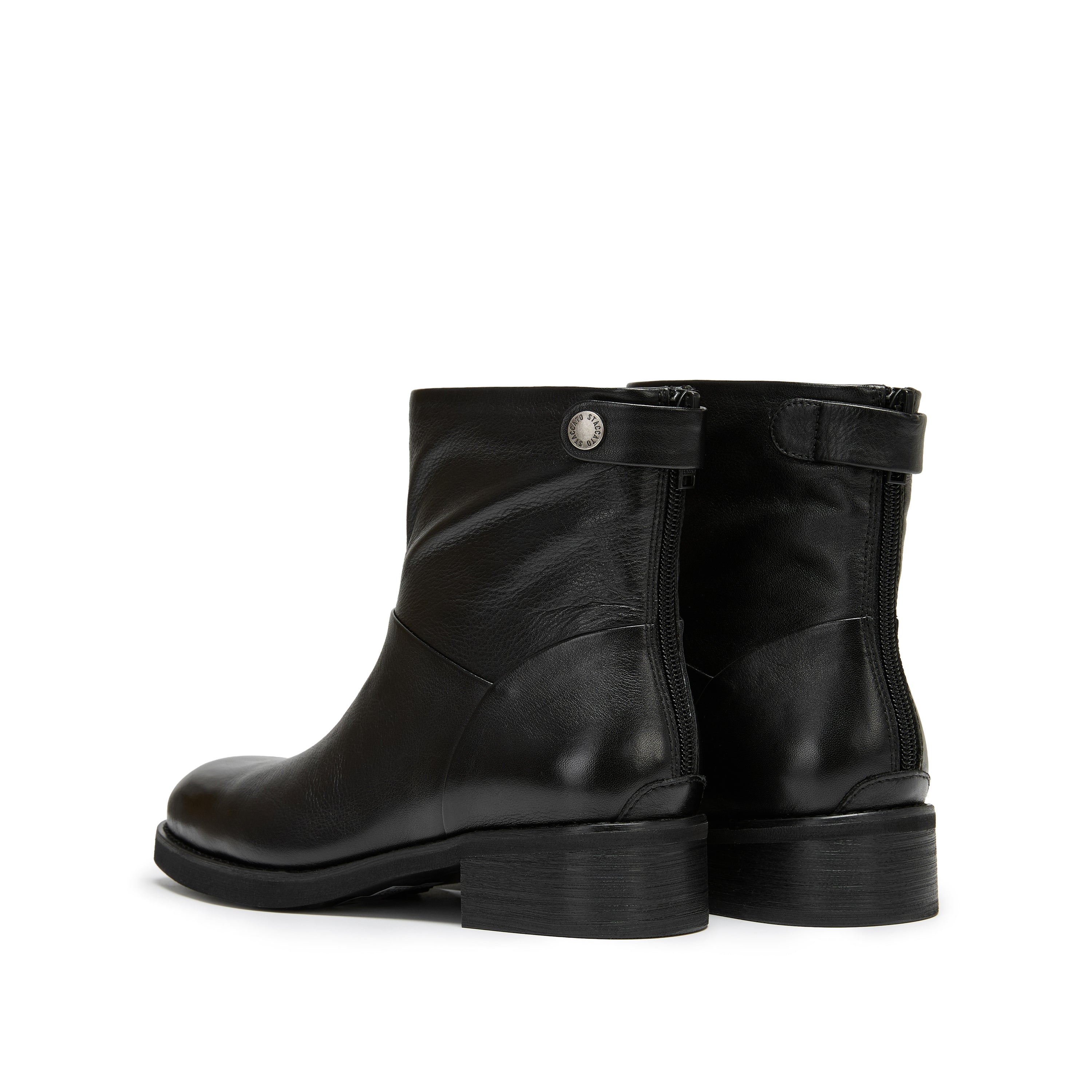 STACCATO Black Leather Ankle Boots with Logo Metal-Button Back Zip