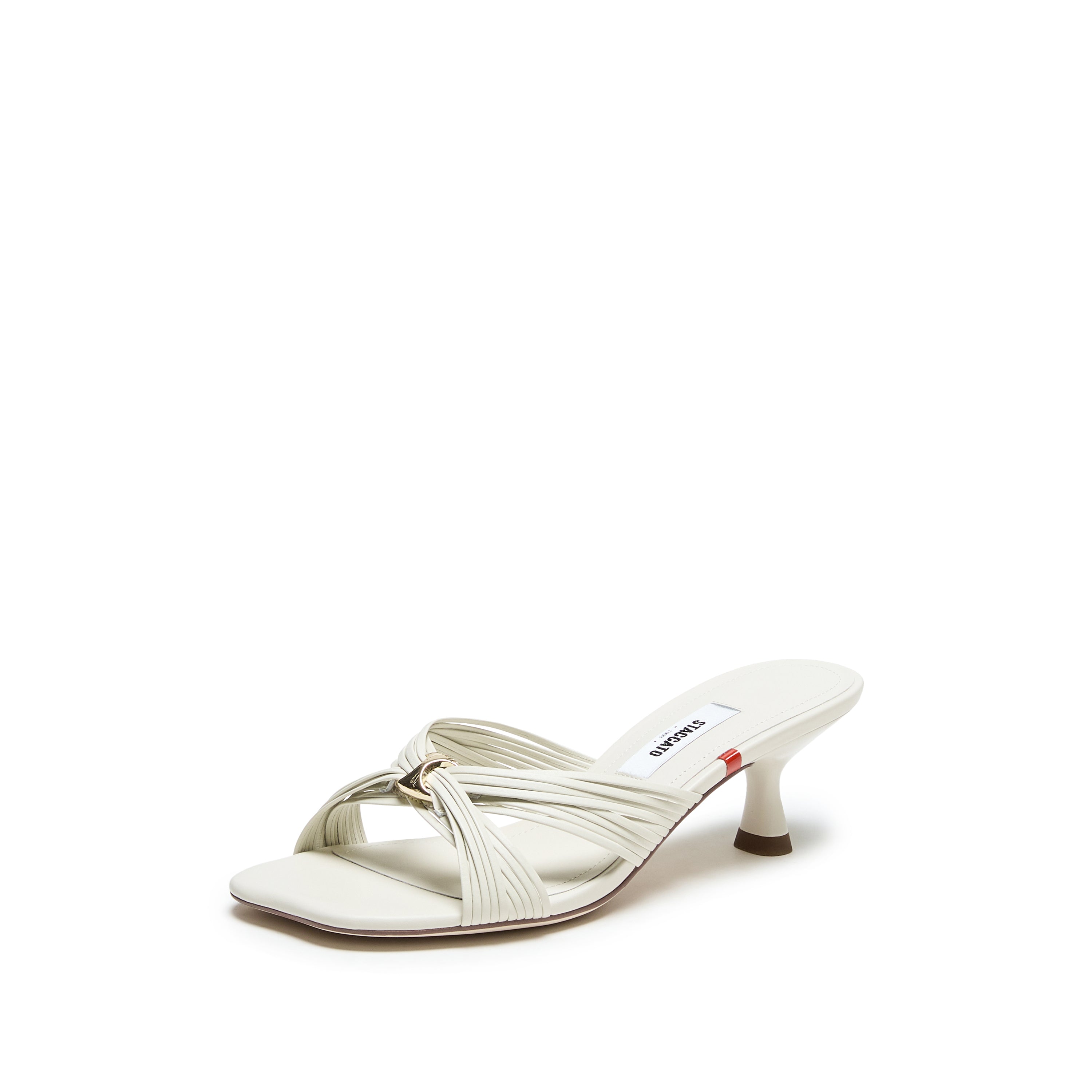 Beige Strappy Leather Heeled Mule Sandals