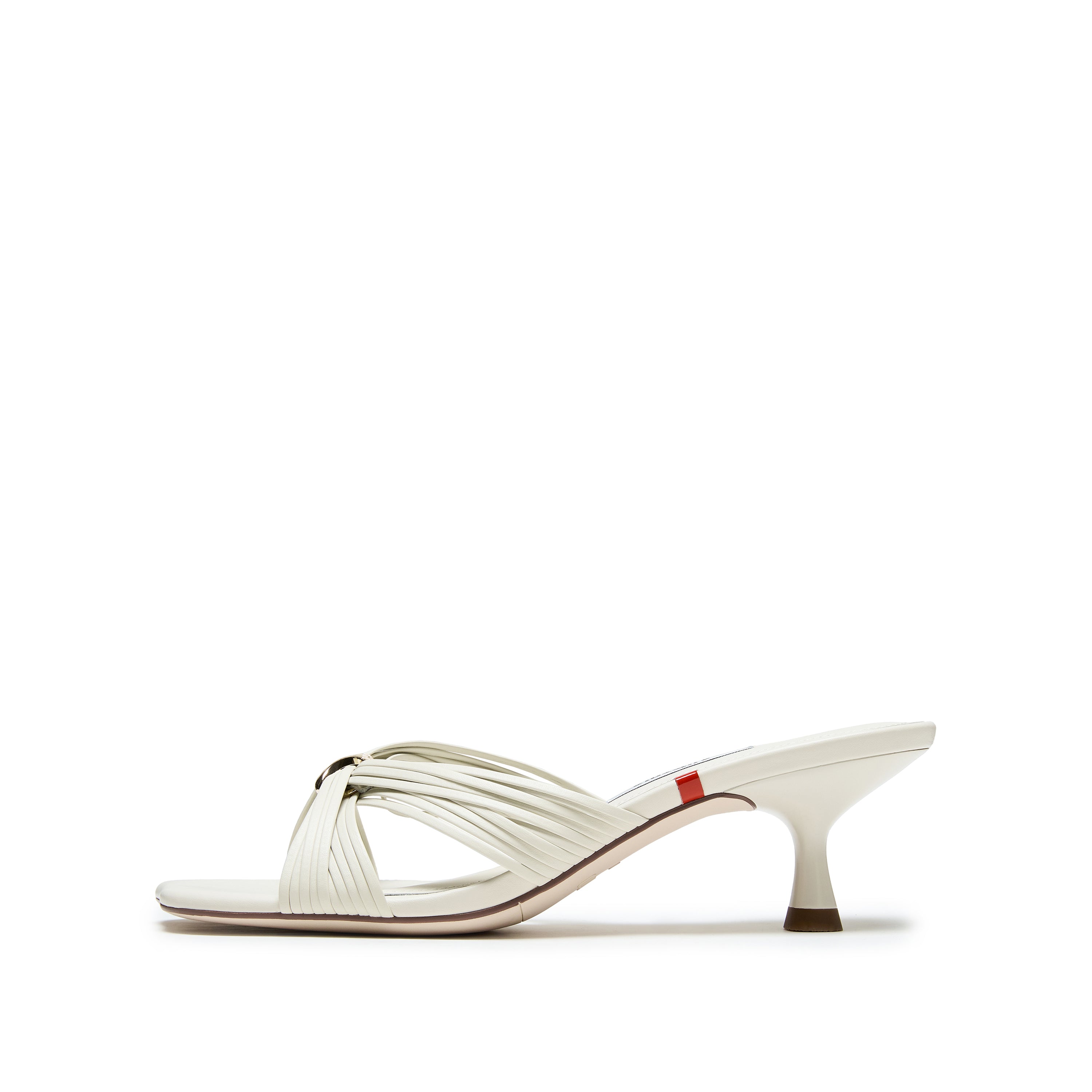 Beige Strappy Leather Heeled Mule Sandals