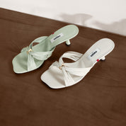 Beige Strappy Leather Heeled Mule Sandals