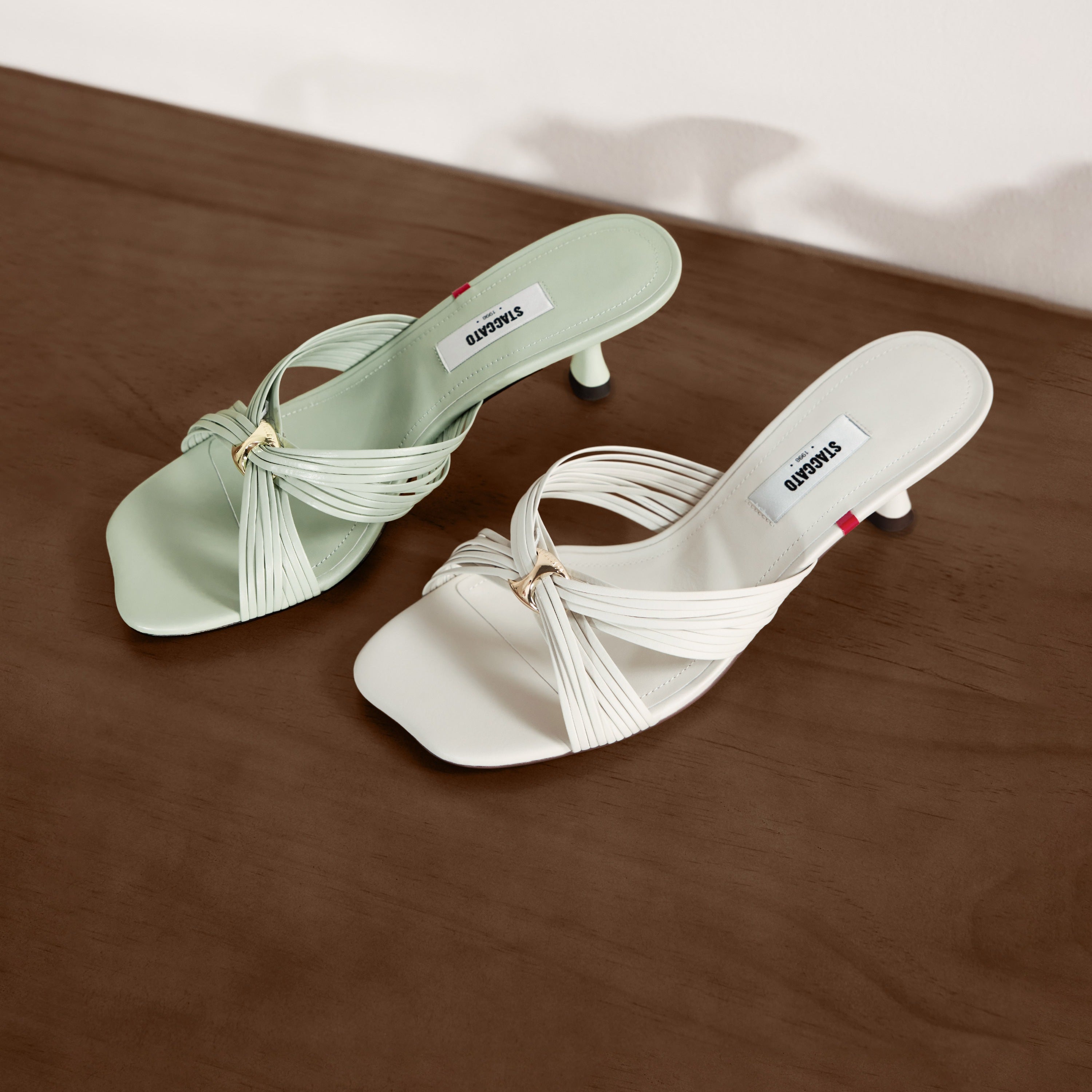 Beige Strappy Leather Heeled Mule Sandals
