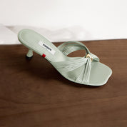 Beige Strappy Leather Heeled Mule Sandals