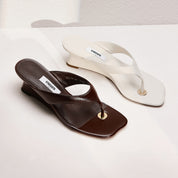 Beige Leather Wedge Flip Flop Snadals