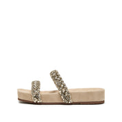 Beige Suede Crystal-Woven Strappy Sandals