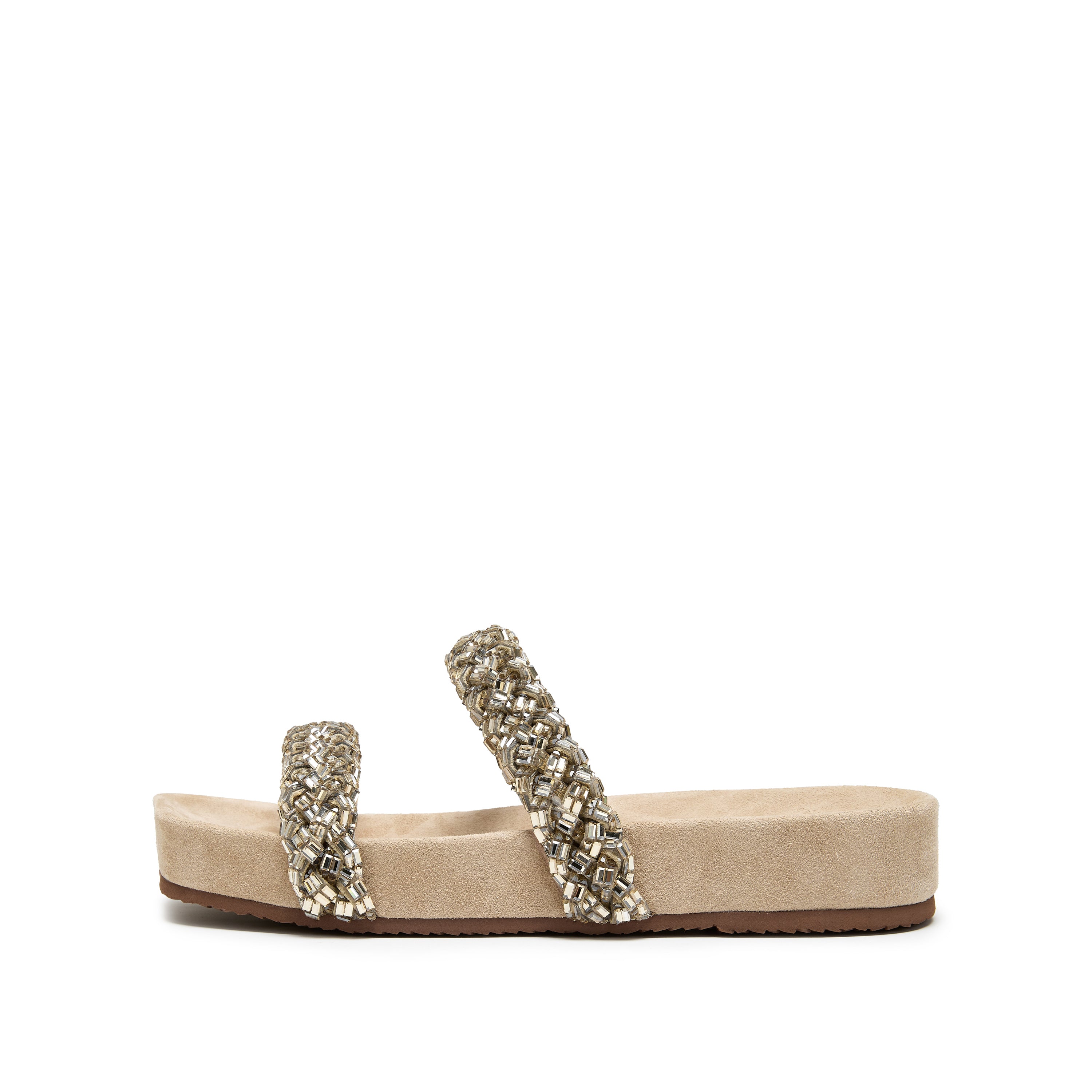 Beige Suede Crystal-Woven Strappy Sandals