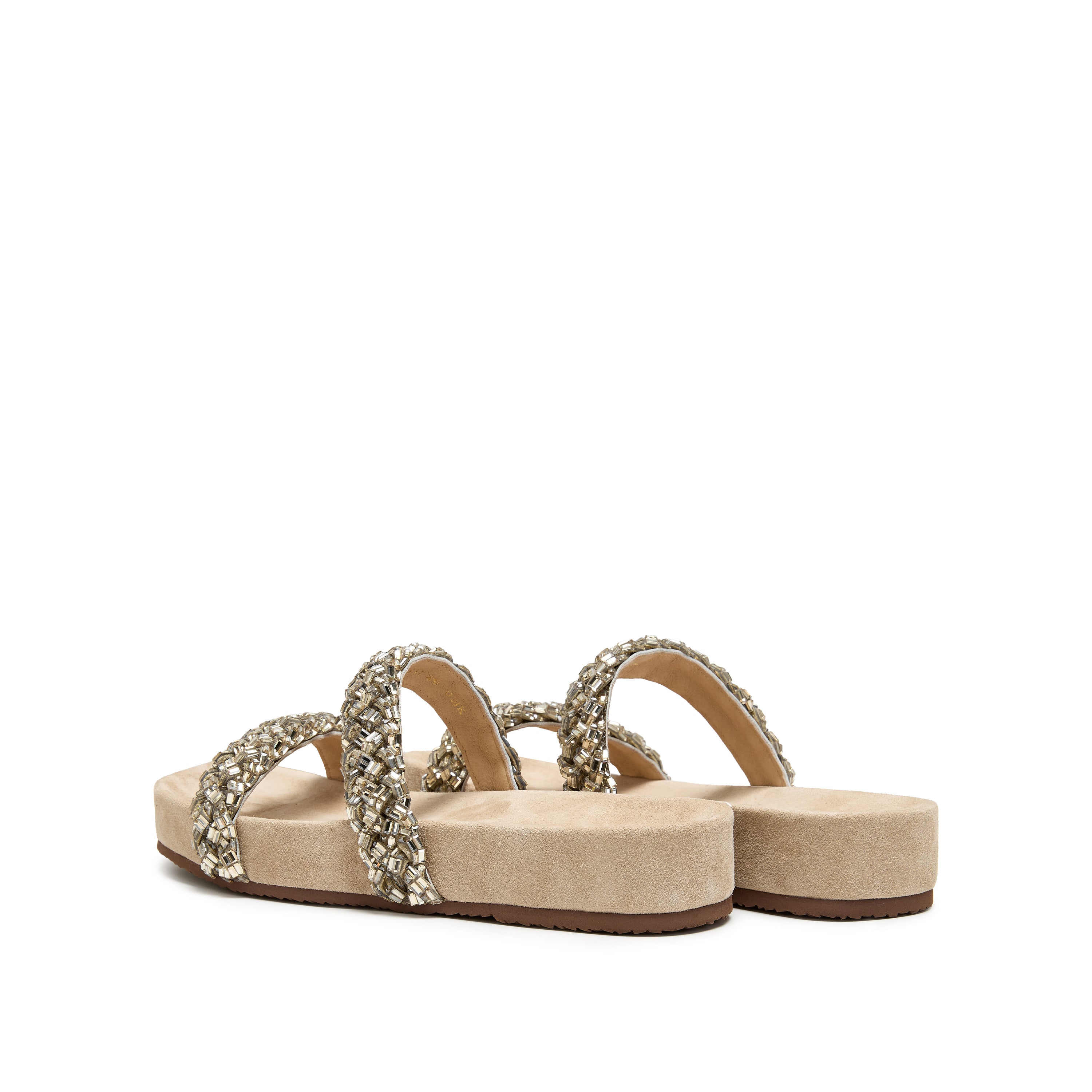 Beige Suede Crystal-Woven Strappy Sandals