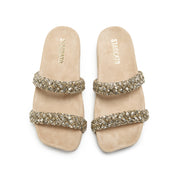 Beige Suede Crystal-Woven Strappy Sandals