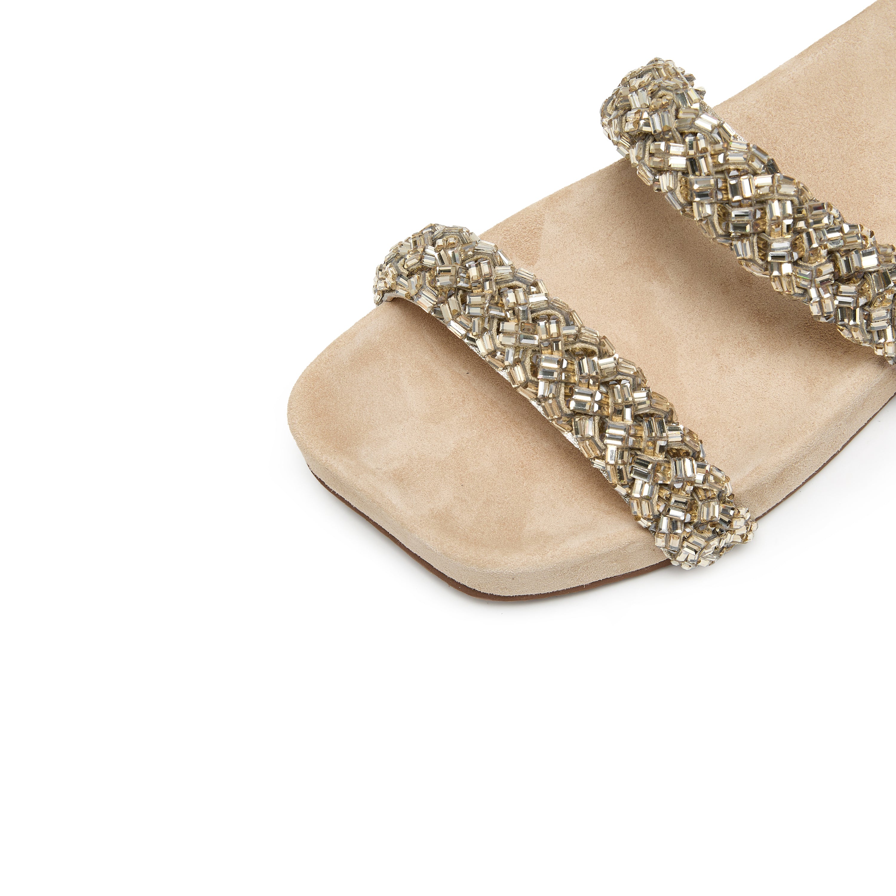 Beige Suede Crystal-Woven Strappy Sandals