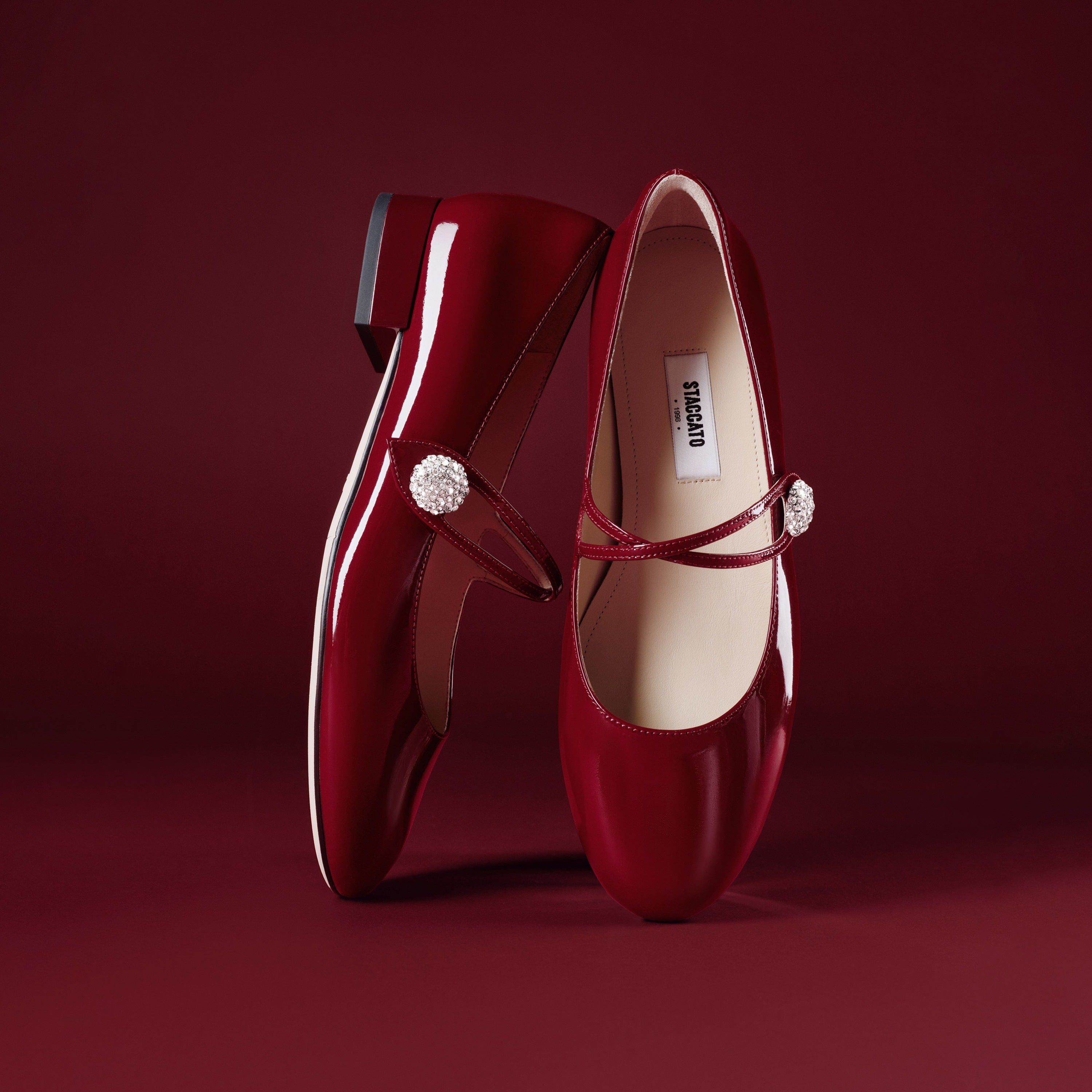 Patent Cross Strap Crystal Button Mary Janes