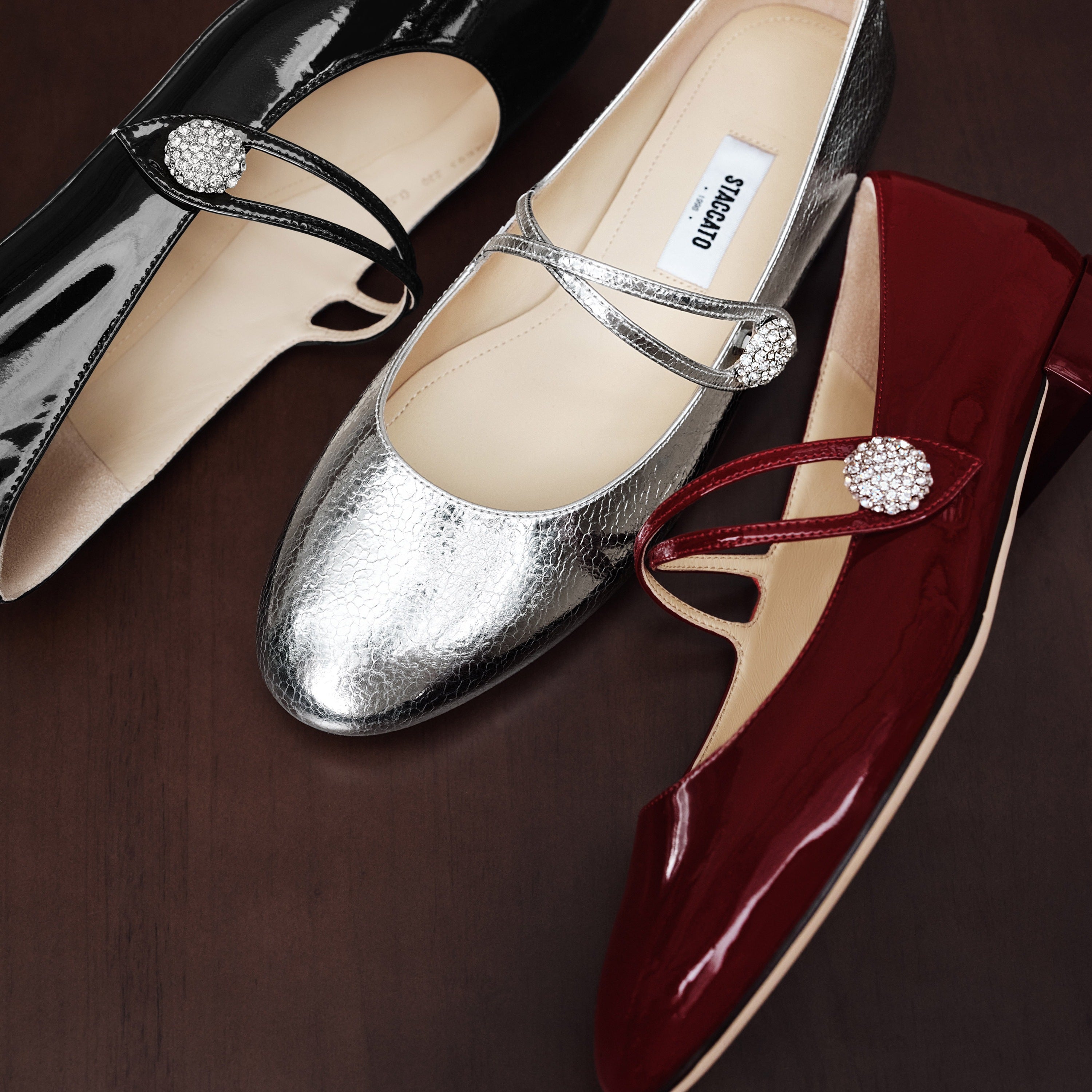 Patent Cross Strap Crystal Button Mary Janes