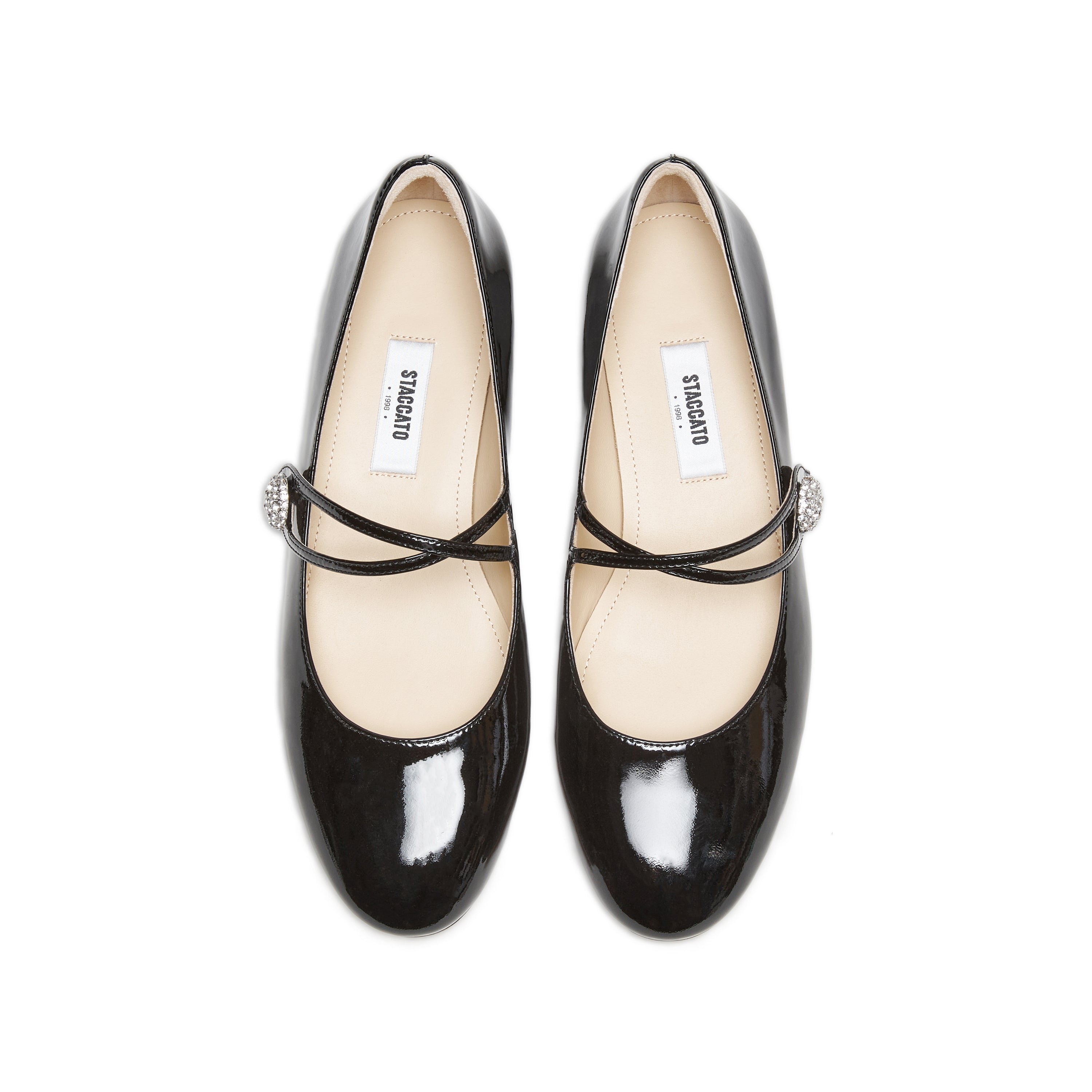 Patent Cross Strap Crystal Button Mary Janes
