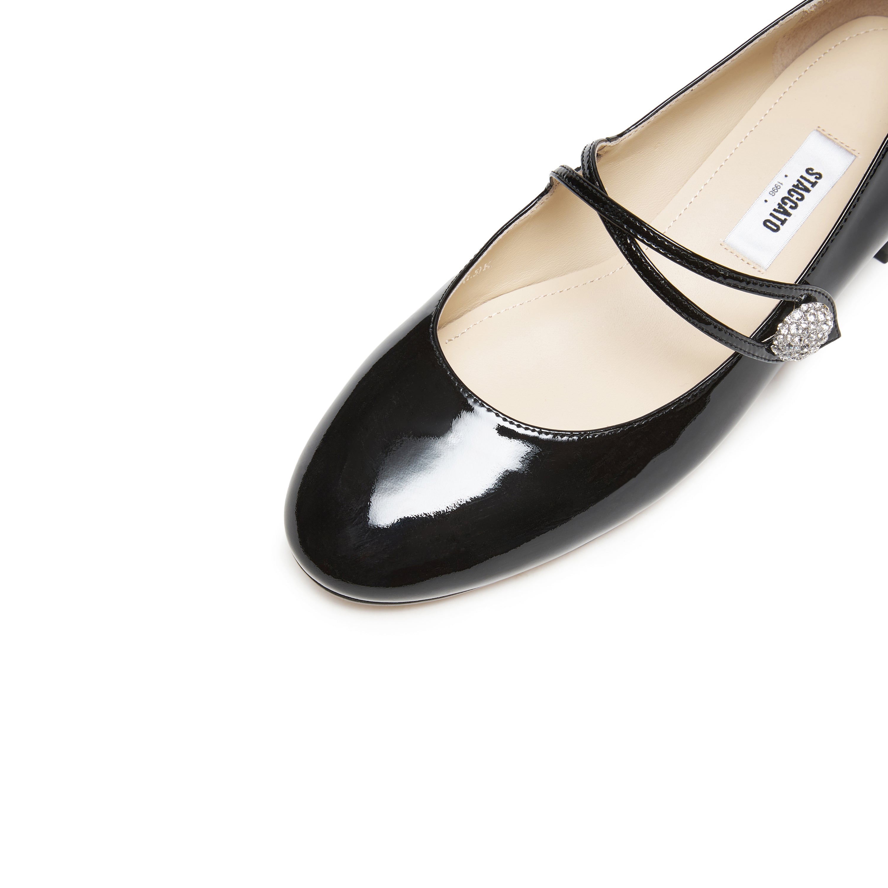 Patent Cross Strap Crystal Button Mary Janes