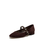 Wine Suede Embellished Mary Jane Flats