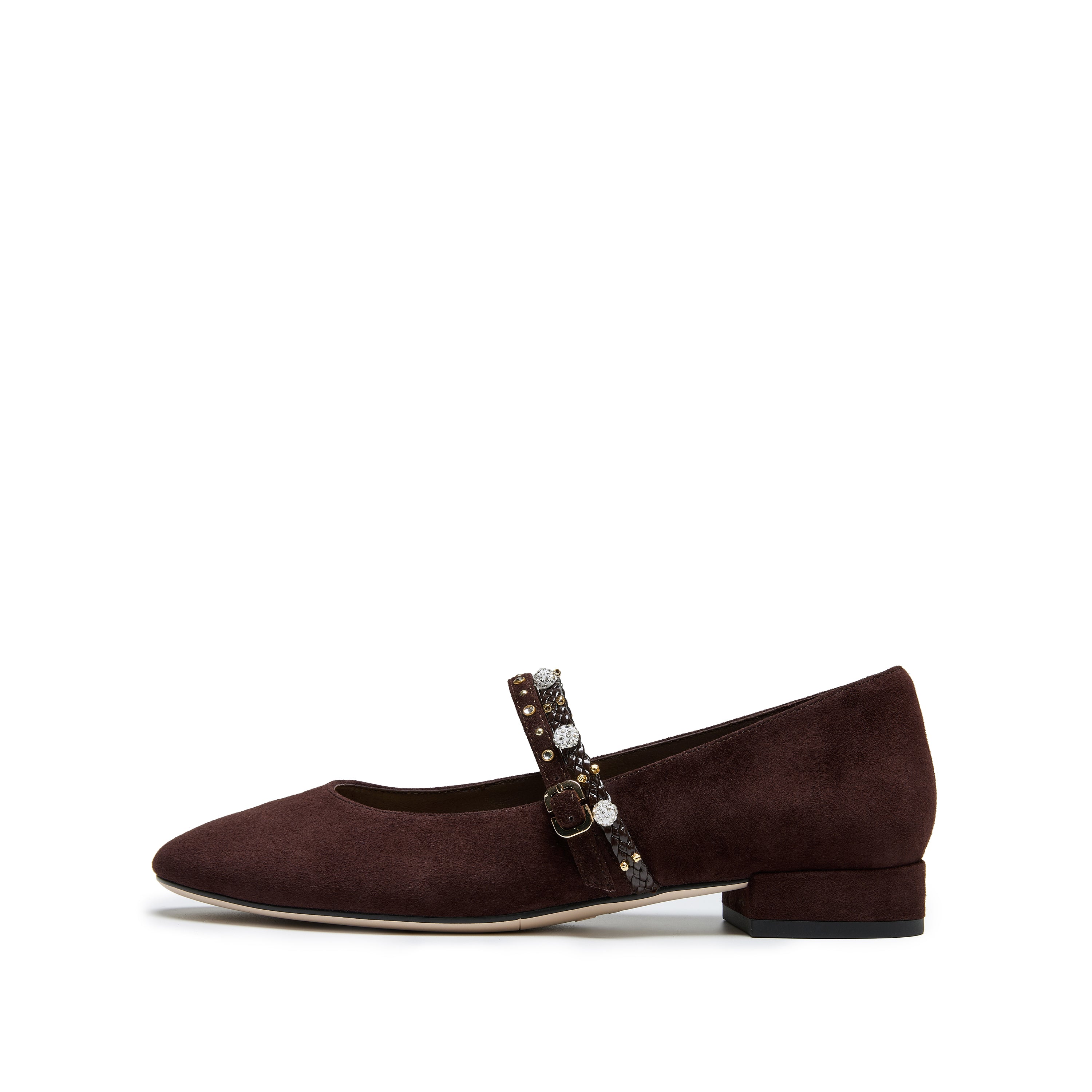 Wine Suede Embellished Mary Jane Flats