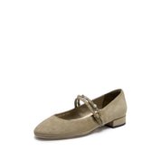 Olive Green Suede Embellished Mary Jane Flats