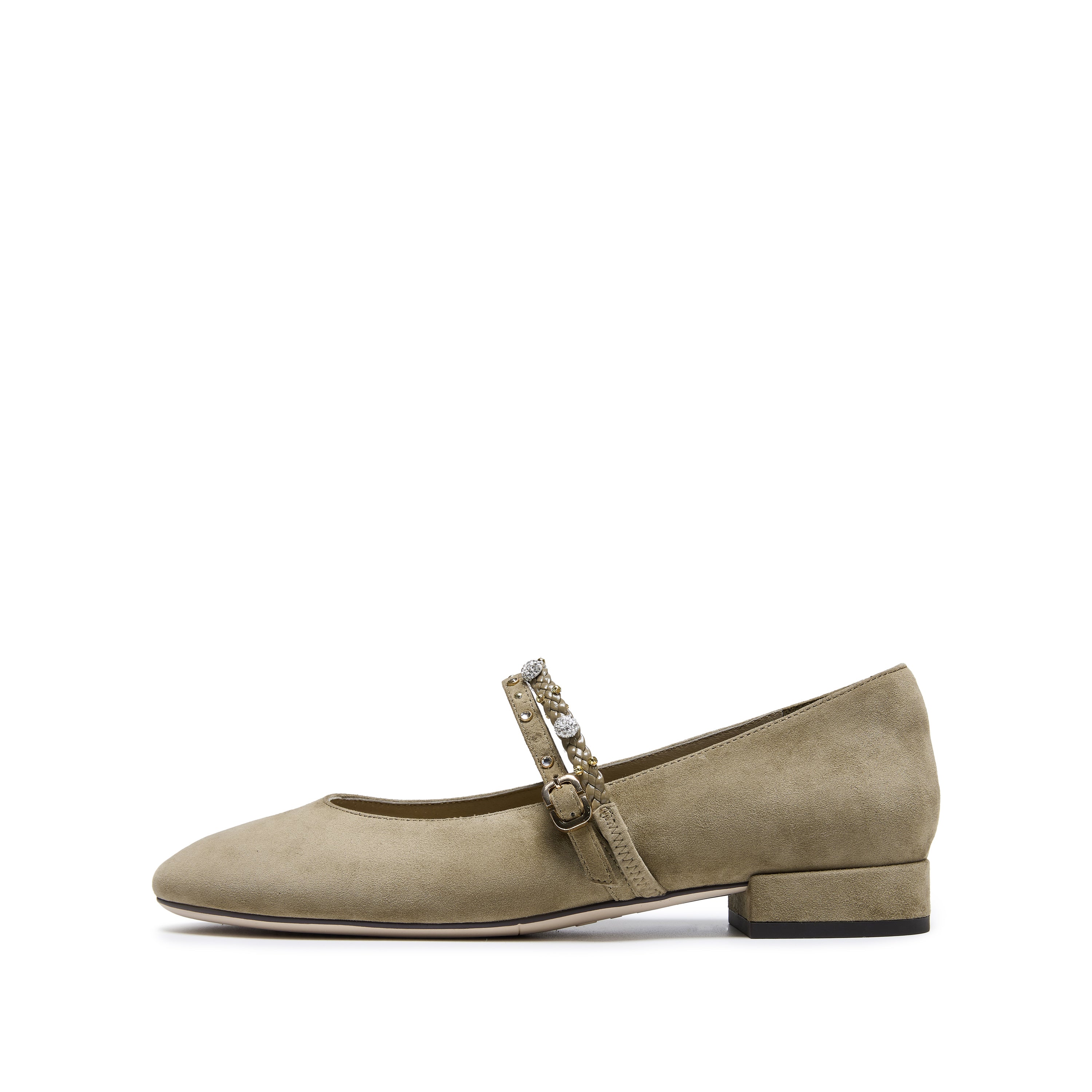 Olive Green Suede Embellished Mary Jane Flats