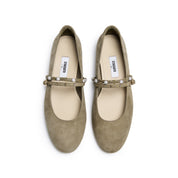 Olive Green Suede Embellished Mary Jane Flats