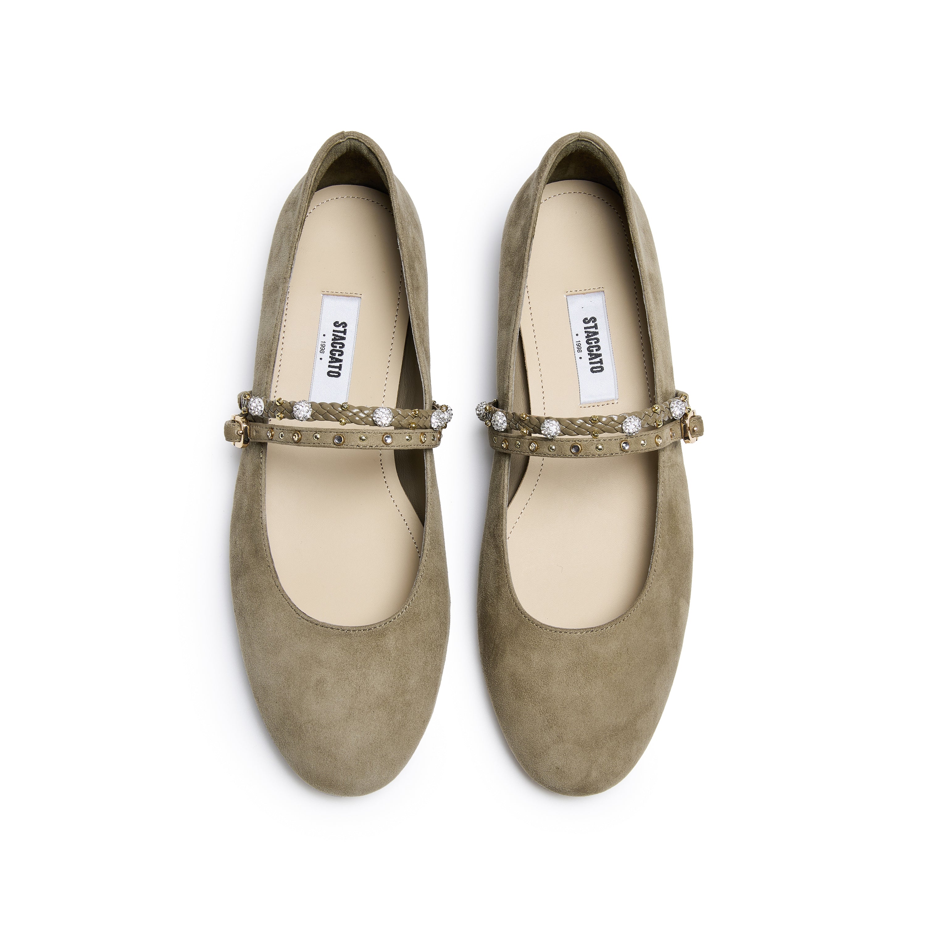 Olive Green Suede Embellished Mary Jane Flats