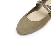 Olive Green Suede Embellished Mary Jane Flats