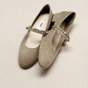 Olive Green Suede Embellished Mary Jane Flats