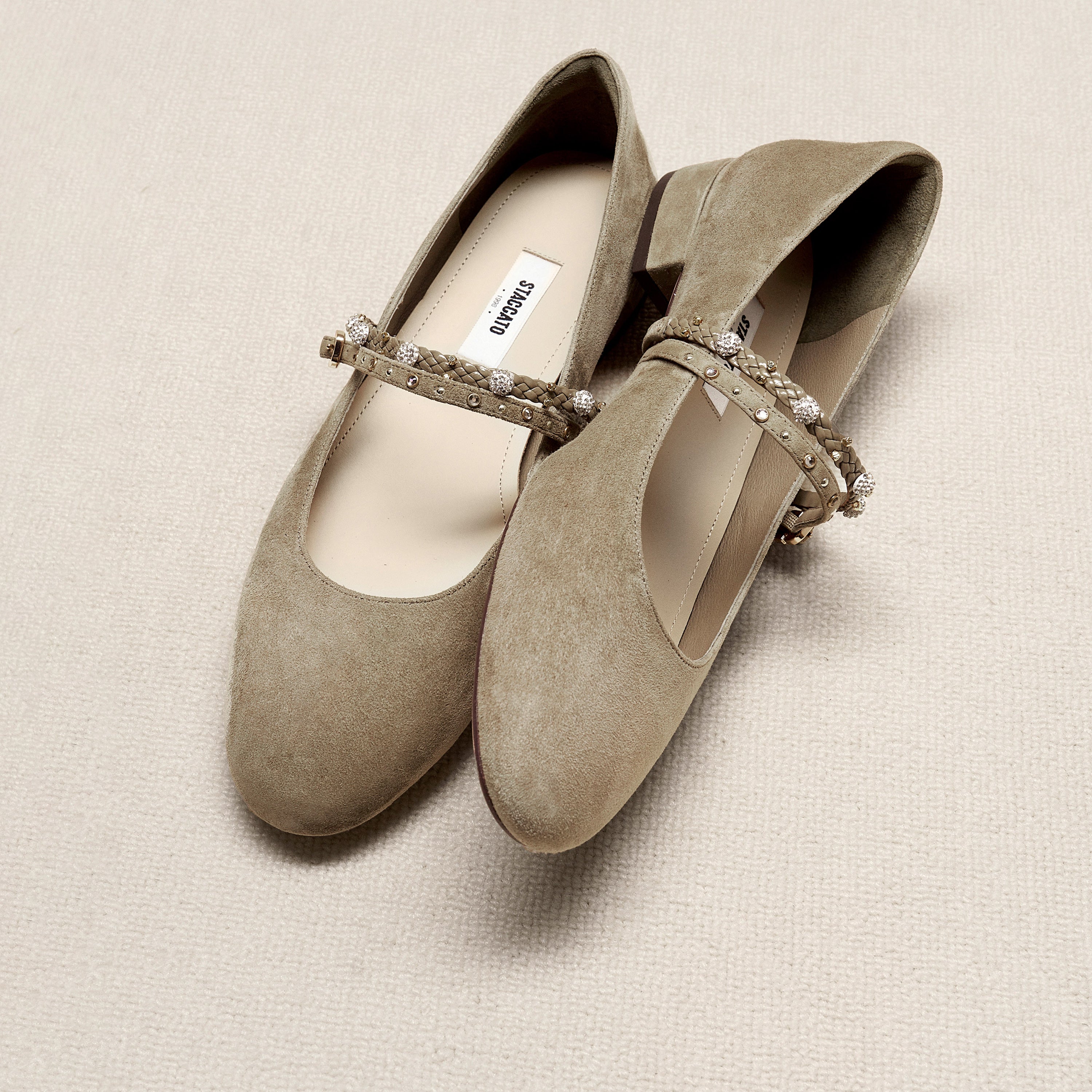 Olive Green Suede Embellished Mary Jane Flats