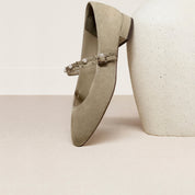Olive Green Suede Embellished Mary Jane Flats