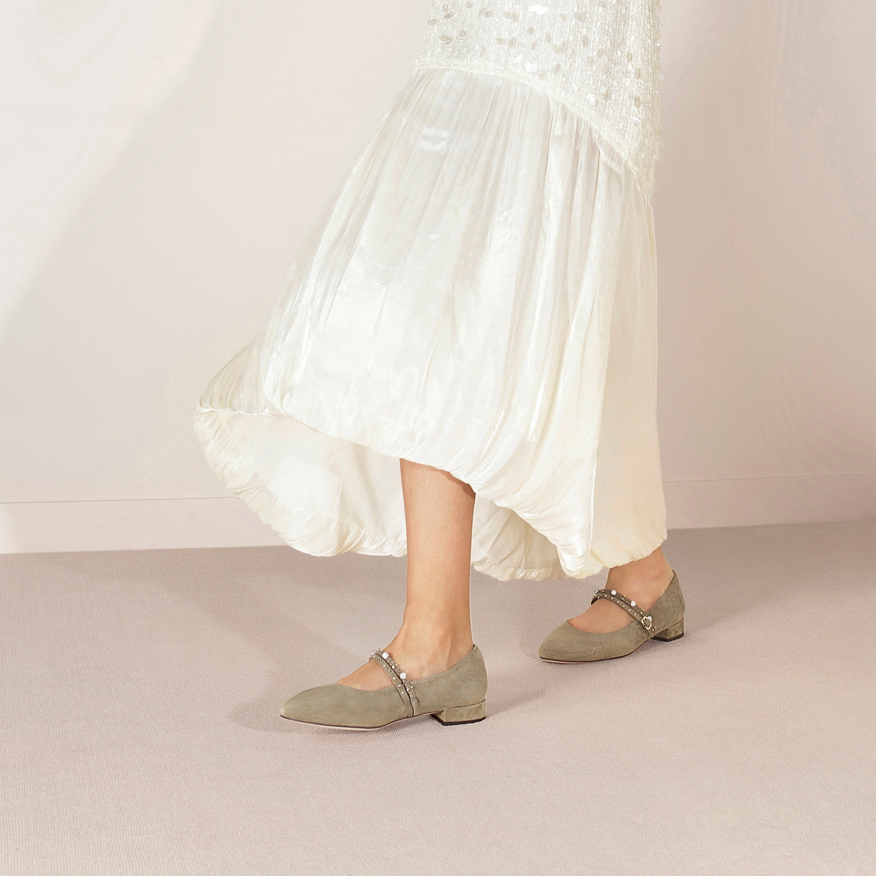 Olive Green Suede Embellished Mary Jane Flats