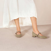Olive Green Suede Embellished Mary Jane Flats