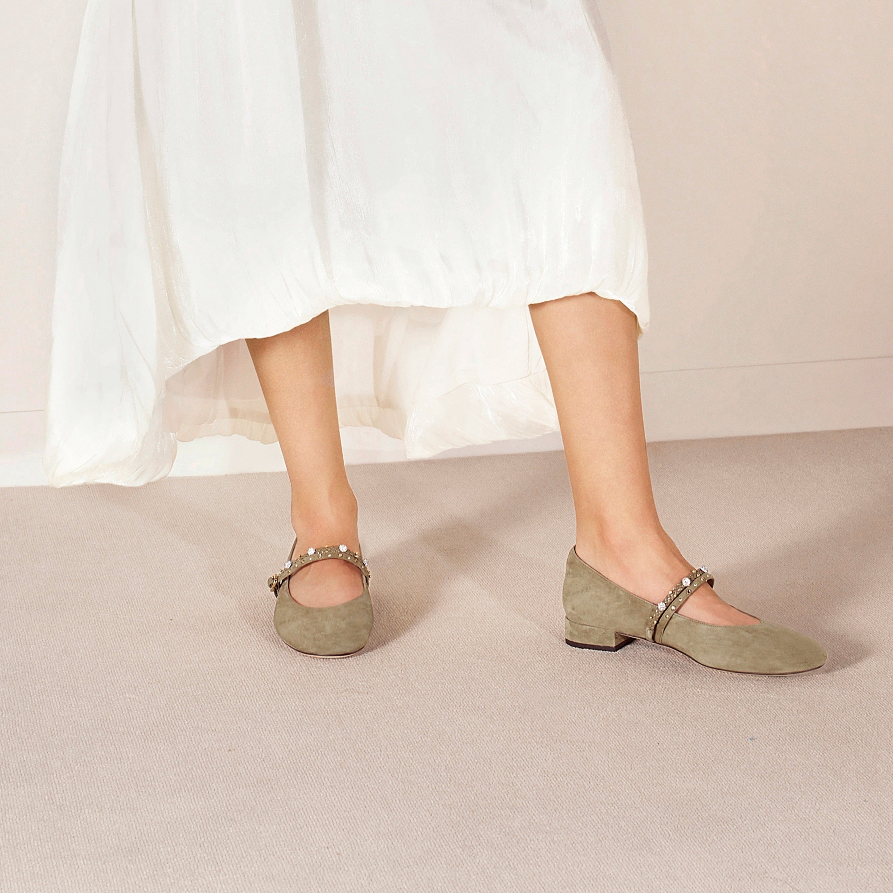 Olive Green Suede Embellished Mary Jane Flats