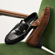 Brown Suede Penny Loafers with Hardware