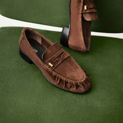 Black Suede Penny Loafers with Hardware